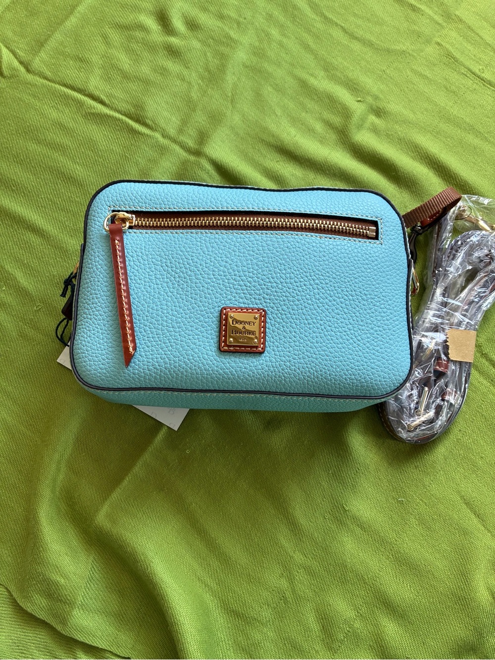 Dooney & Bourke Aqua Pebbled Leather Crossbody with Brown Trim